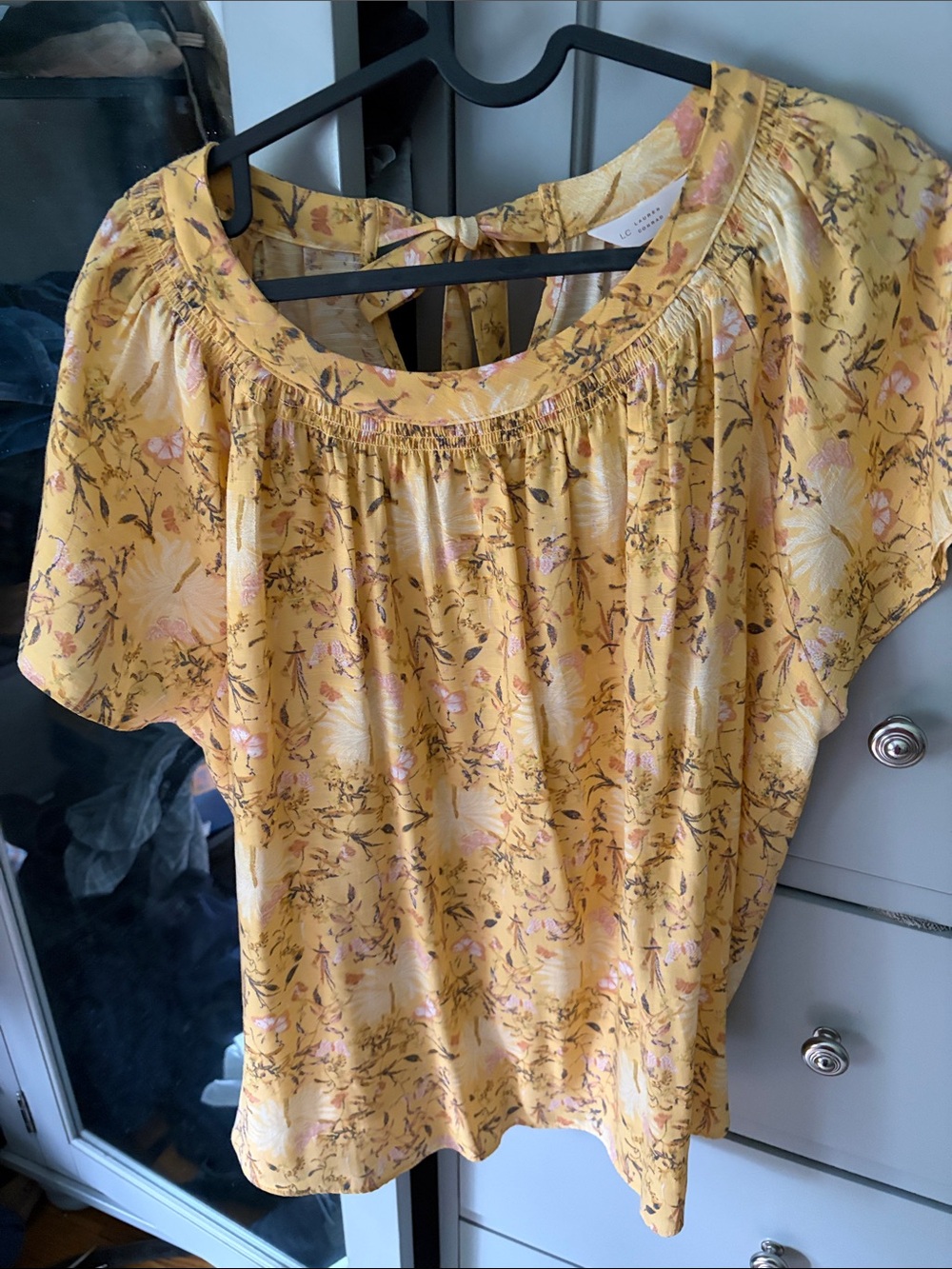 LC Lauren Conrad Yellow Floral Peasant Blouse with Pink Accents